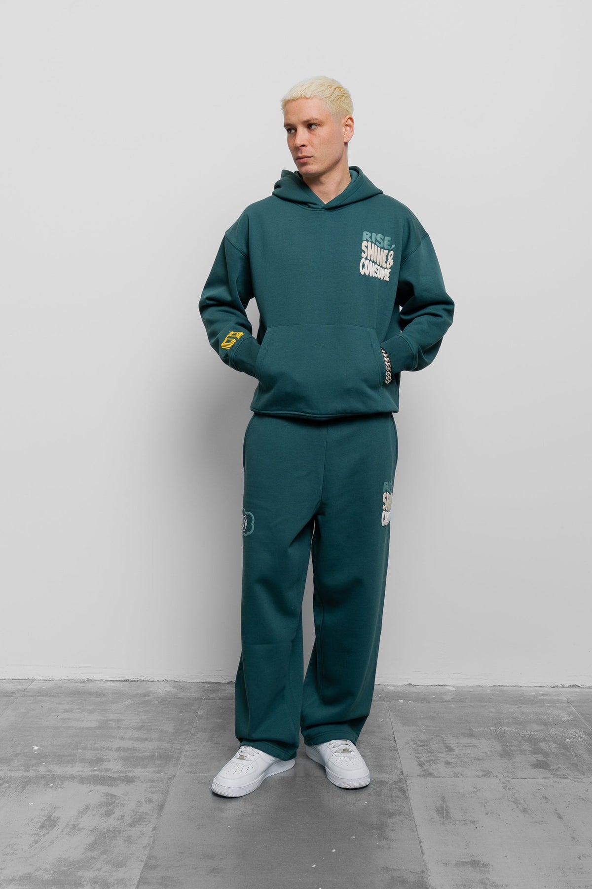 Fresh Flavours Rise, Shine & Consume Jogger – Deep Green – on model