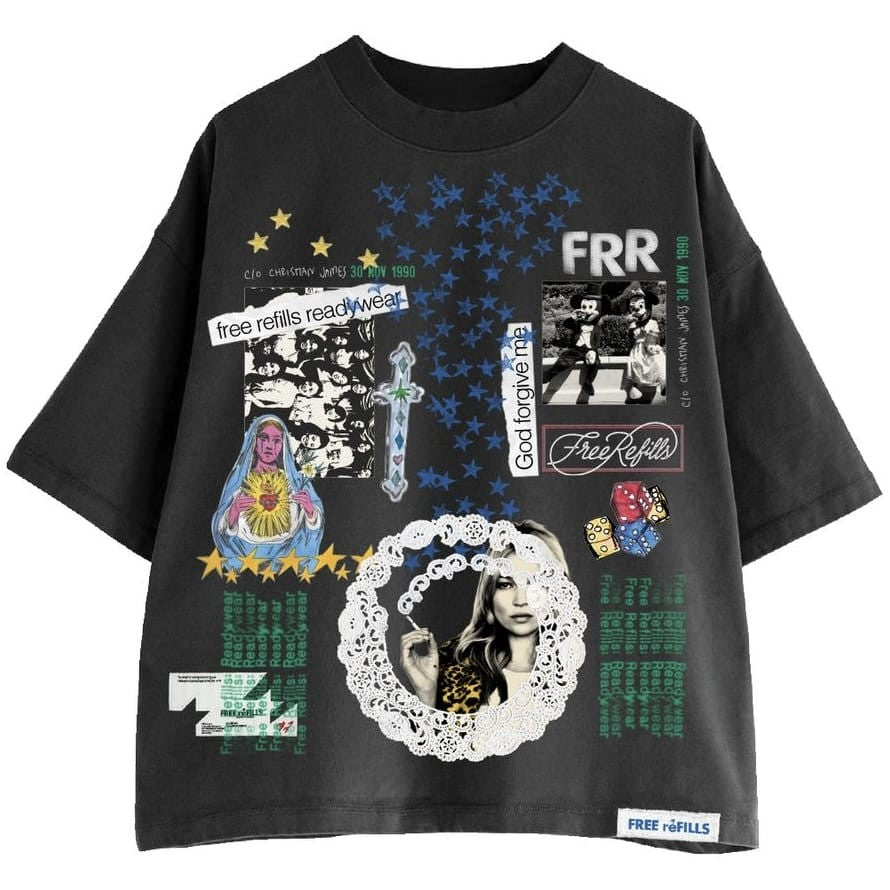 Free Refills Collage Tee – Black – front view