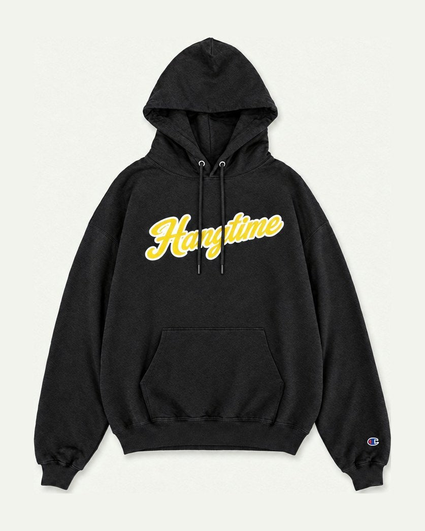 Hangtime Apparel Script Hoodie – Black/Yellow – front view